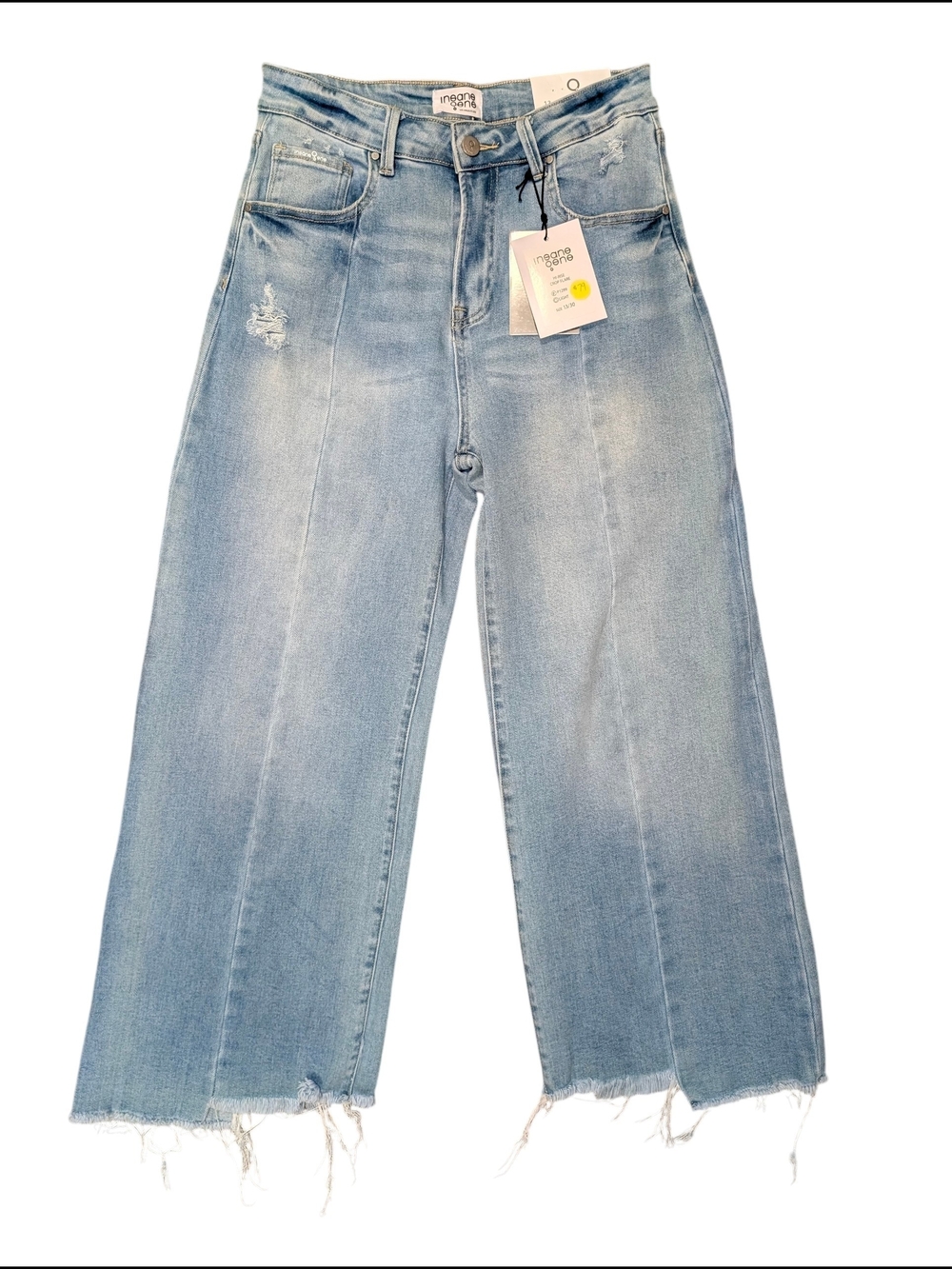 NWT Insane Gene 13/30 High Rise Wide Leg Angle Crop Frayed Hem Jeans Light Blue